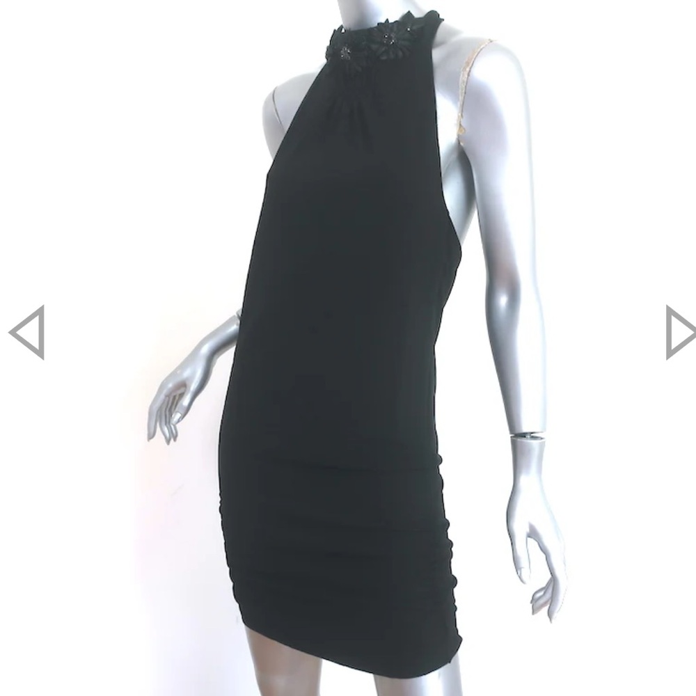 ALICE + OLIVIA CRYSTAL FLOWER-EMBELLISHED HALTER MINI DRESS BLACK